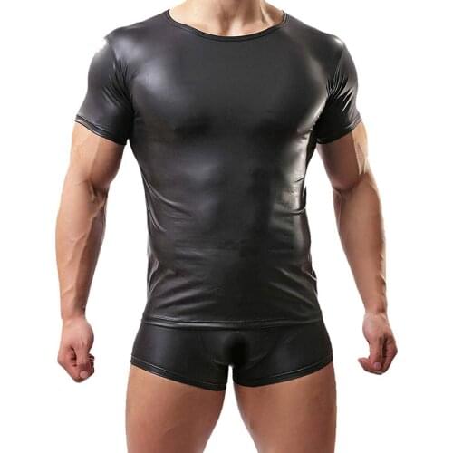 Fashion Leather and Mesh Mens Sports T-Shirts Fitness Vest Doublet And Leather Sexy Shorts