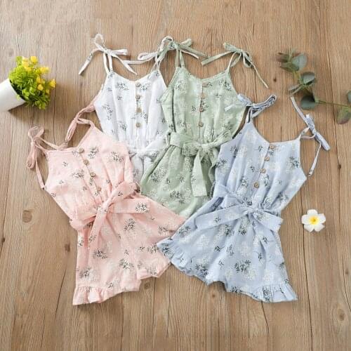 Fashion Casual Toddlers Girls Summer Jumpsuits Floral Lace-Up Spaghetti Straps Sleeveless Button-Open Rompers for Girls