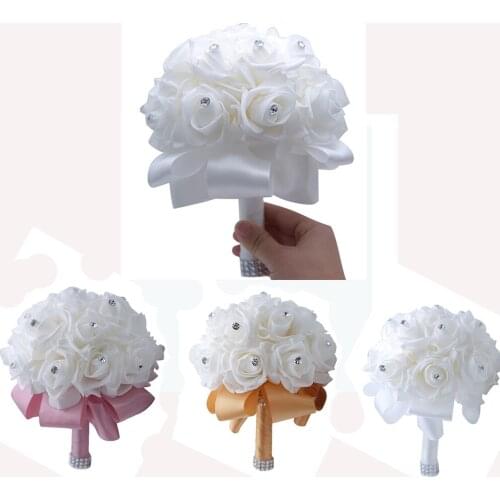 Cheap PE Rose Bridesmaid Wedding Foam flowers Rose Bridal bouquet Ribbon Fake Wedding bouquet de noiva Customized