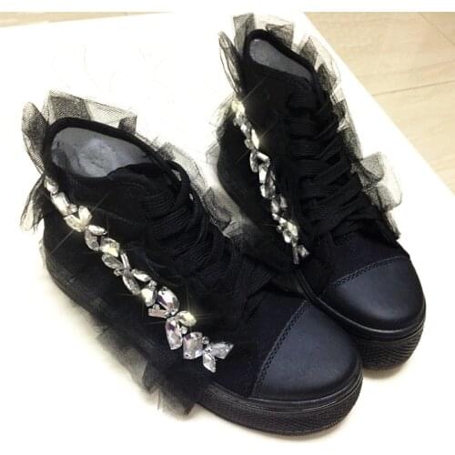 Punk Rock Black Lace Gauze Handmade Rhinestones Increased Canvas Shoes Wedding Shoes