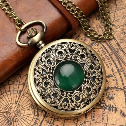 Portable Quartz Pocket Watch Exquisite Emerald Green Bronze Case Simple Dial Nostalgic Slim Chain Pendant female Pocket Watch