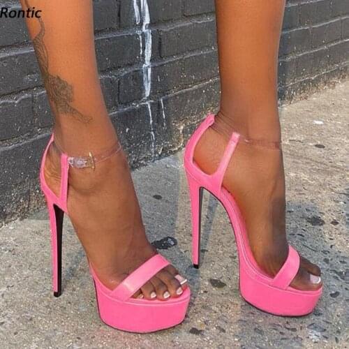 Rontic Women Platform Sandals Transparent Ankle Strap Sexy Stiletto Heels Open Toe Gorgeous Red Pink Party Shoes US Size 5-20