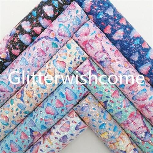Glitterwishcome 21X29CM A4 Size Rainy Unicorn Printed Chunky Glitter fabric Vinyl for Bows, GM829A