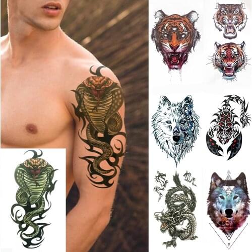 Green Snake Temporary Tattoos For Men Women Ferocious Tiger Animal Fake Tattoo Sticker Wolf Scorpion Dragon King Tatoo Arm Hands