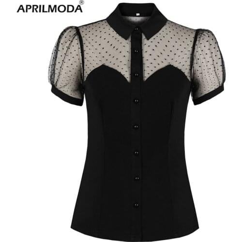 2021 Summer Sexy Lace Blouse Elegant Women Mesh Retro Vintage 50s 60s Tops Button Front Shirt Femme Robe Party Blusas Chemise