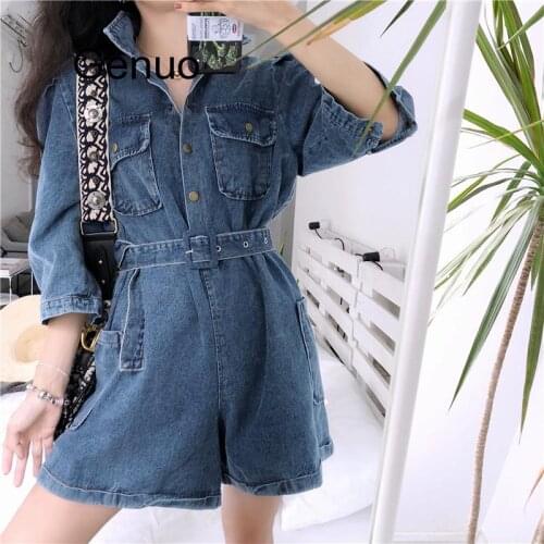 Women Denim Jumpsuits & Rompers 2020 Summer New Arrival Casual Fashionable Loose Short Wide Leg Pants With Belt Jean Playsuit