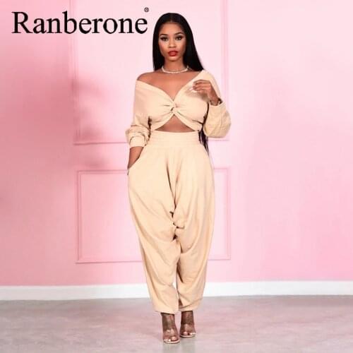 Ranberone Womens Two Piece Sets V-neck Long Sleeve 2021 Sexy Crop Tops Pants Autumn Feminine Matching Sets Streetwear Tracksuit