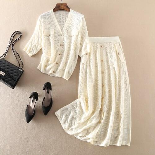 100%Wool Cardigan Sets 2021 Autumn Winter 2 Piece Sweater Sets Women V-Neck Knitted Cardigan Tops+Button Deco Long Skirt Sets