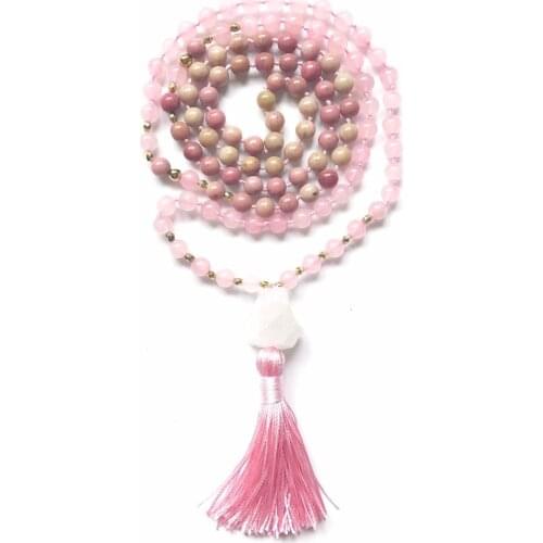 108 Mala Beads Necklace Natural Pink LineAgate Necklace Hand Knotted Pink Tassel Necklaces Prayer Yoga Meditation Necklaces