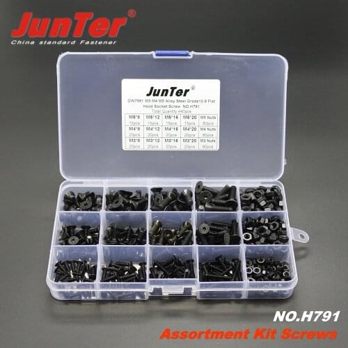440pcs M3 M4 M5 Alloy Steel Grade10.9 High Tensile Socket Flat Head Screws DIN7991 With Nuts Assortment Kit NO.H791