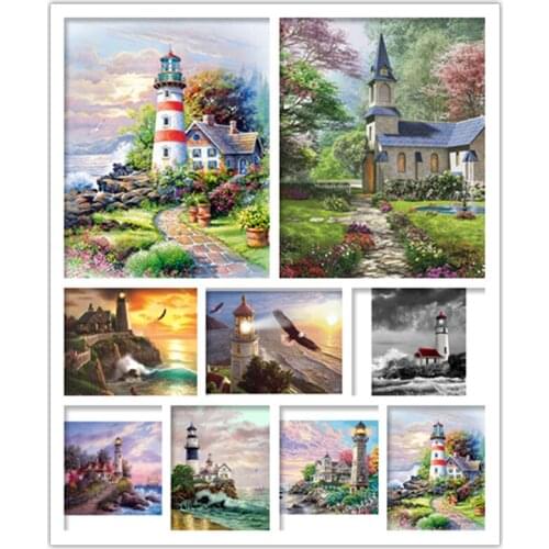 Full Diamond 5D Diamond Painting Lighthouse Landscape Diamond Embroidery Cross Stitch Mosaic Mosaic Home Decoration