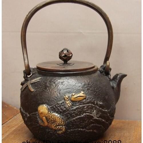 Archaic Japanese Old Iron Silver Gilt Dragonfly Frog Flagon Kettle Wine Tea Pot