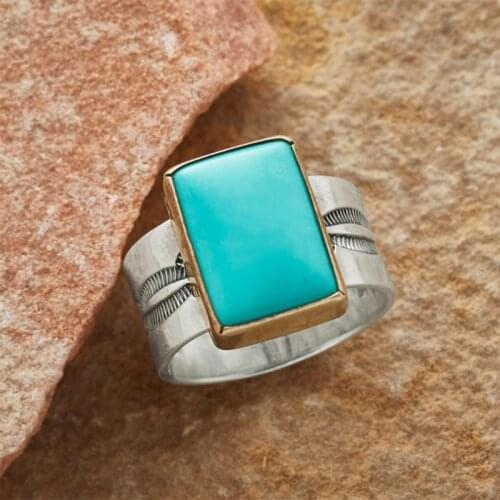 Boho Ethnic Geometric Turquoises Stone Rings Vintage Jewelry Embossed Pattern Knuckle Finger Rings Z5Z096