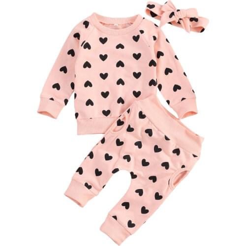 0-24M Newborn Baby Set Heart Printing Round Neck Long Sleeve Trousers Kids Pocket Pants for Toddler