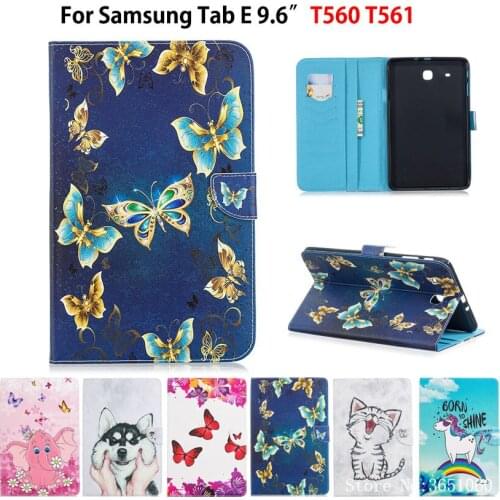 Case For Samsung Galaxy Tab E 9.6" SM-T560 T560 T561 Cover Funda Tablet Butterfly Cat Painted Silicone PU Leather Stand Shell