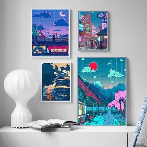 Canvas Wall Art HD Cartoon View Street Print Poster Home Night Tree Cute Painting Bedroom Decoration Picture No Frame
