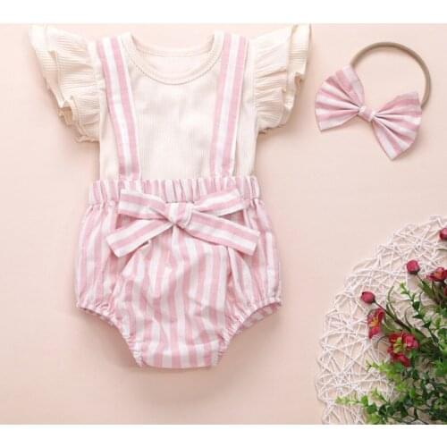 Baby Girls Outfit Set 6M-3Y Solid Color Flare Sleeve Dress T-shirt Top Striped Suspender Shorts Headband Kit1