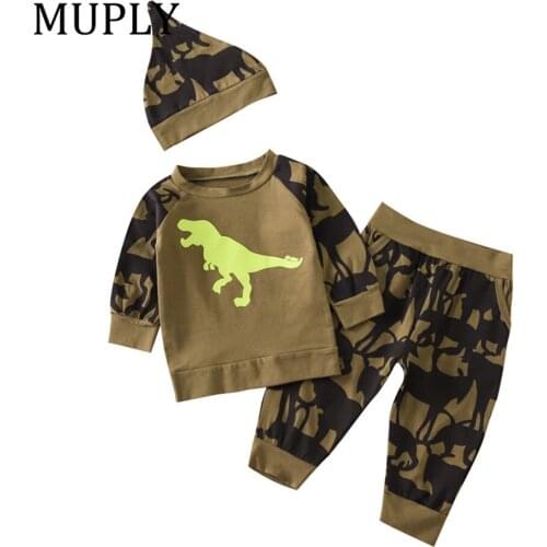 3Pcs Newborn Baby Boys Clothes Set 2021 Autumn Dinosaur Outfits For Girls Top T-shirt Pants Hat Cotton New Born Infant Clothing