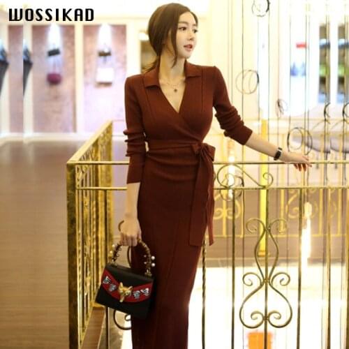Suit-dress 2019 Lady Of Quality Temperament Self-cultivation Long Fund Sweater Dresses V Lead Knitting Dress