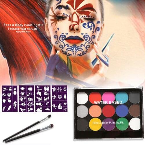 15 Color Face Painting Body Makeup Paint with 2 Painting Brush 4 Sheet Design Stencils for Cosplay Party Makeup Safe Water Paint