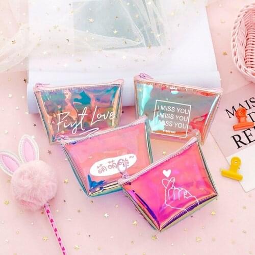 Laser Colorful Coin Purse Mobile Phone Data Cable Earphone Cable Key Bag Girl Heart Clutch Bag Zipper Storage Bag Best-selling