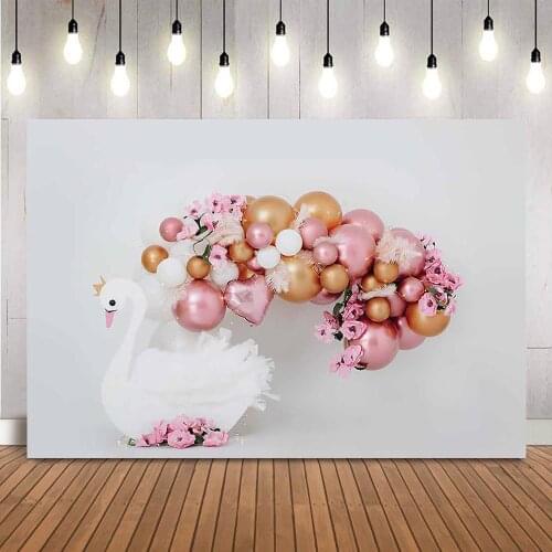 Swan Birthday Cake Smash Photo Backdrop Newborn Girls Rose Pink Balloons 1st Birthday Party Balloons Pink Flowers Photoshoot