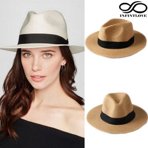 LUCKYLIANJI Summer Fashion Men Women Straw Panama Fedora Sun Hats Beach Gangster Ribbon Band Wide Brim Cap One Size: 7 1/4