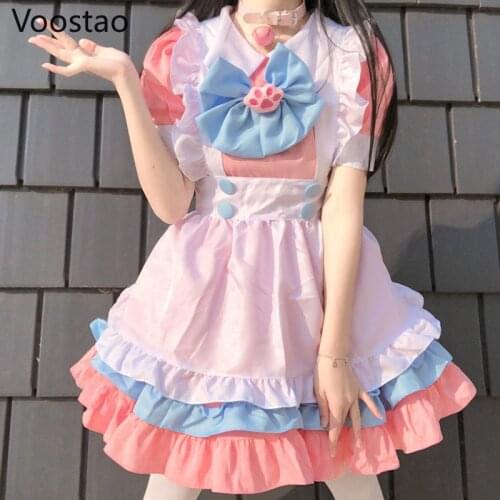 Japanese Sweet Lolita Dress Outfit Women Cute Pink Blue Lace Ruffles Cats Paw Bow Lolita Dress Girl Kawaii Party Maid Dress 4XL