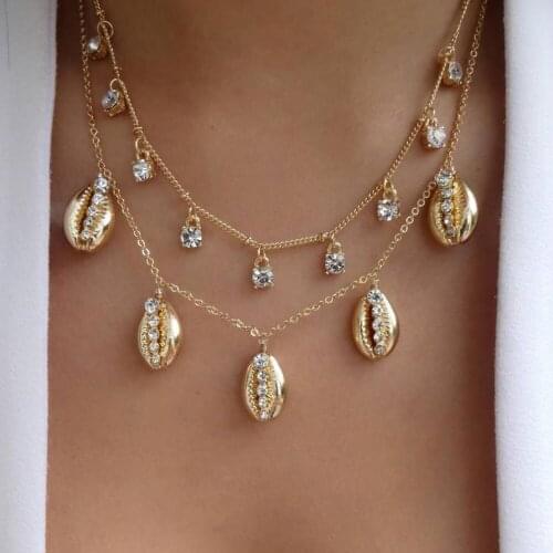 2 Pcs/Set Bohemian Women Necklaces Crystal Shell Tassel Pendant Clavicle Chain Multilayer Gold Necklace Set Fashion Jewelry