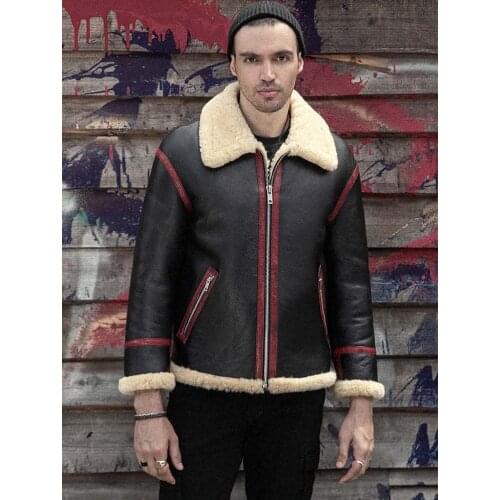 New Shearling Coat Mens B3 Bomber Jacket Black Leather Motorcycle Overcoat Sheepskin Outerwear