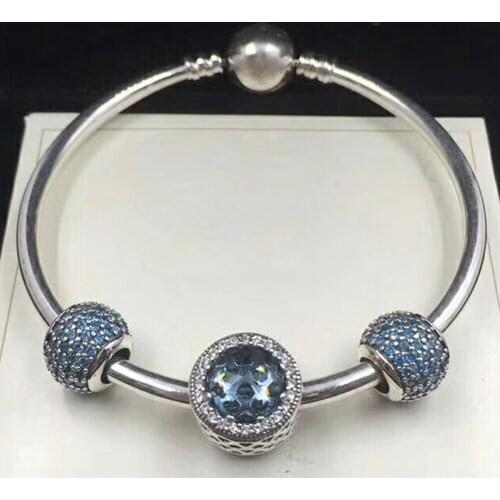 NEW 100% 925 Sterling Silver 791051NCB Blue Pave Ball Charm791725NMB MIDNIGHT BLUE RADIANT HEARTS CHARM Bracelet Set