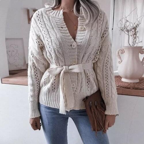 Pullovers Autumn Design New Women Buttons Open Front Sweater with Waistband Solid Color Knitted Cardigan White/ Ginger/ Purple