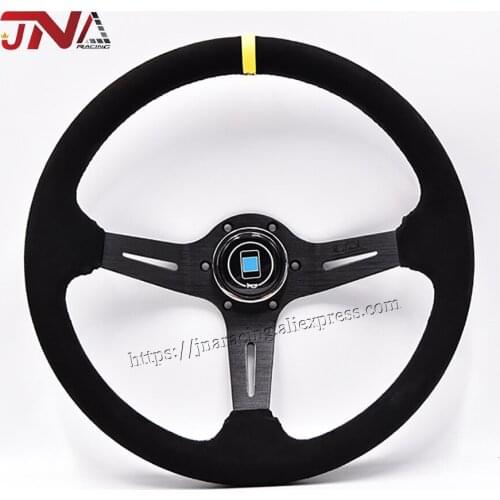 Sports Wteering Wheel for Racing Car with Yellow Stripe and Signature Suede Leather Steering Wheel