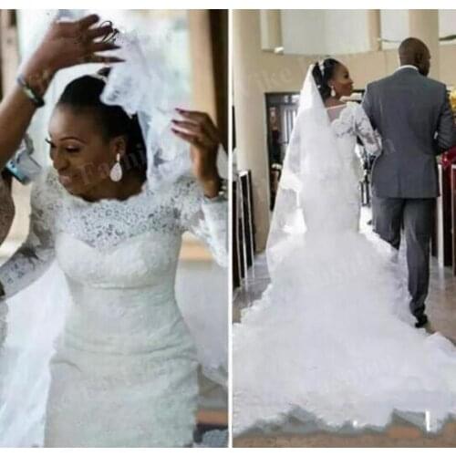 Court Train Tassel Lace Mermaid Wedding Dresses Long Sleeves Beading Embroidery Lace African Style Bridal Gowns Wedding Dress