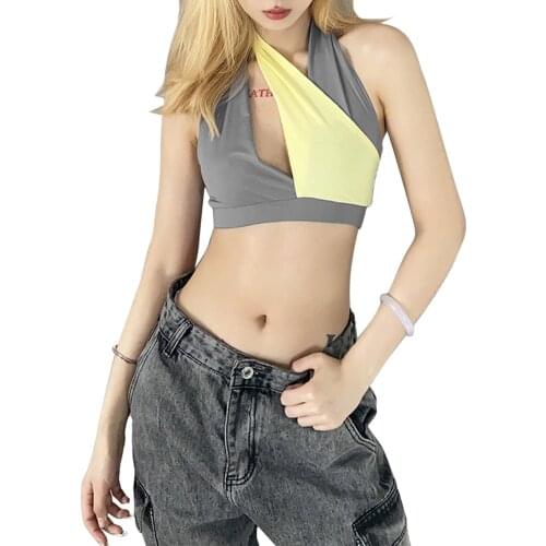 Girls Summer Hanging Neck Camisole, Ladies Creative Double Color Splicing Sleeveless Midriff-baring Tank Top Slim Base Shirt
