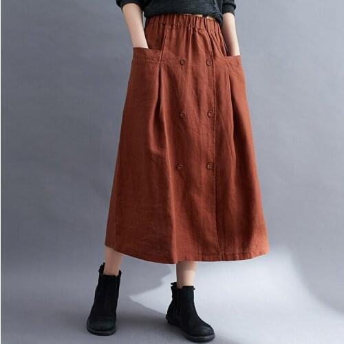 Vintage Cotton Linen Skirts Womens Autumn 2021 Casual Elastic Waist Long Maxi Vestidos Female Solid Robe Femme