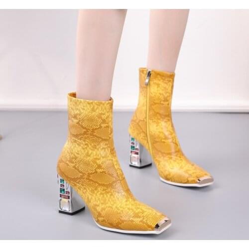 US4-11 Womens Square Metal Toe Crackle Pattern Ankle Boots Crystal Strange Heel Leather Shoes Side Zipper Winter Warm Plus Size
