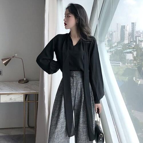 Spring Autumn Two-Piece Suit Women Black Tie V-Neck Pullover Shirt+Gray Suit High Waist Wide Leg Pant Office Fashion Casual Suit