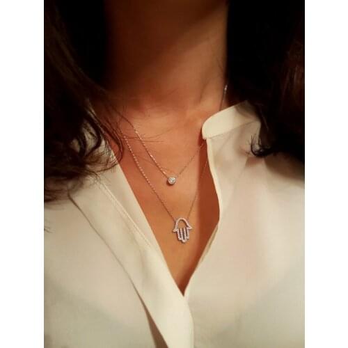 Double Layer Fine 925 Sterling Silver Women Jewelry Necklace Micro Pave CZ Geometric Round Disco Hamsa Hand Pendant Necklaces