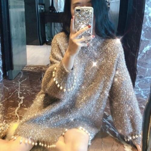 Women Autumn Ladies Bright Silk O-Neck Beaded Pullovers Wild Irregular Knit Sequined Sweater Dress Long-sleeved Loose Crop Tops