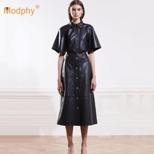 2020 New Autumn WomenS Pu Leather A-Line Dress Lapel Sleeves Single Breasted Retro Black Celebrity Party Midi Dress Vestidos