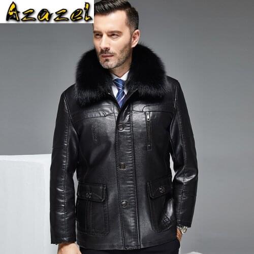 Winter Fur Collar Mens Leather Jacket Coat With Velvet Black Brown Plus Size XXXXL Suit Coat Outwear Mens Clothes Winter Jackets