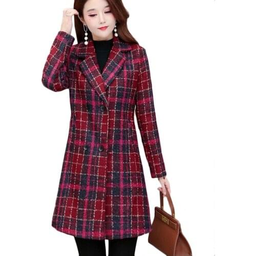 2021 New Autumn Winter Plaid Woolen Coat Plus Size Womens Long Woolen Jacket Office Clothing Womens Clothing Trench Coats 4XL