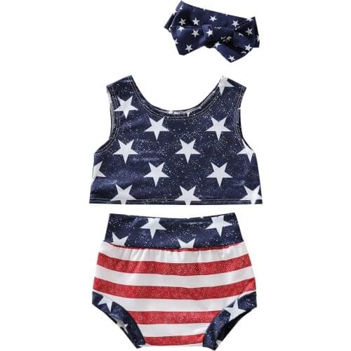 2021 0-3Y Newborn Independence Day Baby Boy Girl Clothing Sleeveless Round Neck Crop Top+Star And Stripe Print Shorts+Headband