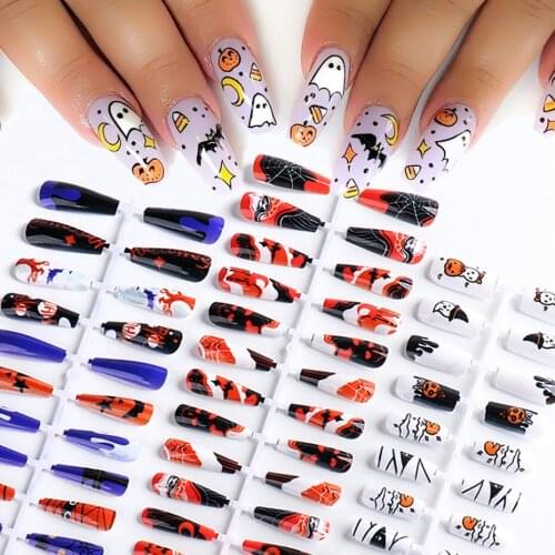 24pcs False Nails Set Full Coffin French Nails Press On Gel Extension Tips Pumpkin Spider Halloween Xmas Nail Equipment SA1932
