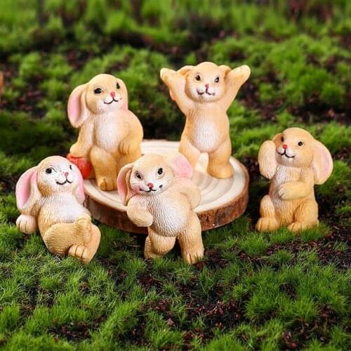 5 Pcs/Set Bunny Rabbits Garden Figurines Resin Animal Ornaments Decor Statue Cartoon Garden Fairies Outdoor Decor Home Crafts