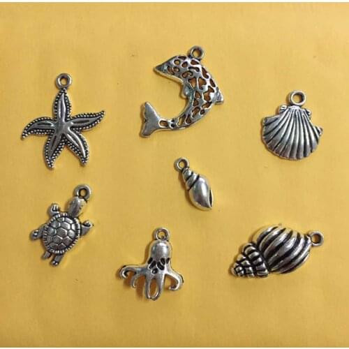 70pcs Mixed Tibetan Silver Tone Shell Starfish Sea Snail Charms Pendants for Jewelry Making DIY Handmade Craft 7styles
