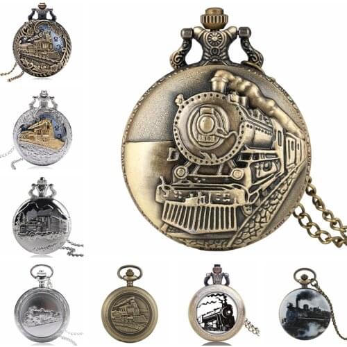 Retro Train Locomotive Engine Pattern Quartz Pocket Watch Bronze Steampunk Necklace Pendant Chain Collectible Gift for Men Women