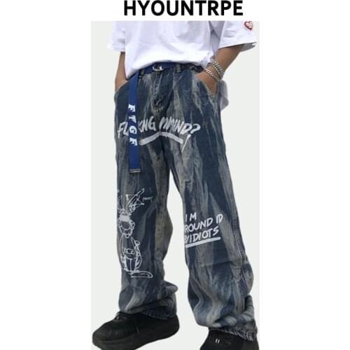 Men Irregular Tie-dyed Denim Jeans Pants Fashion Zipper Straight Loose Graffiti Printed Jeans Hip Hop Streetwear Casual Joggers