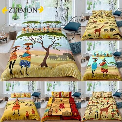 ZEIMON Africa Duvet Cover Set Retro Exotic Bedding Set Tribal Woman Quilt Cover Queen Red Orange Bed Set Geometric Home Textiles